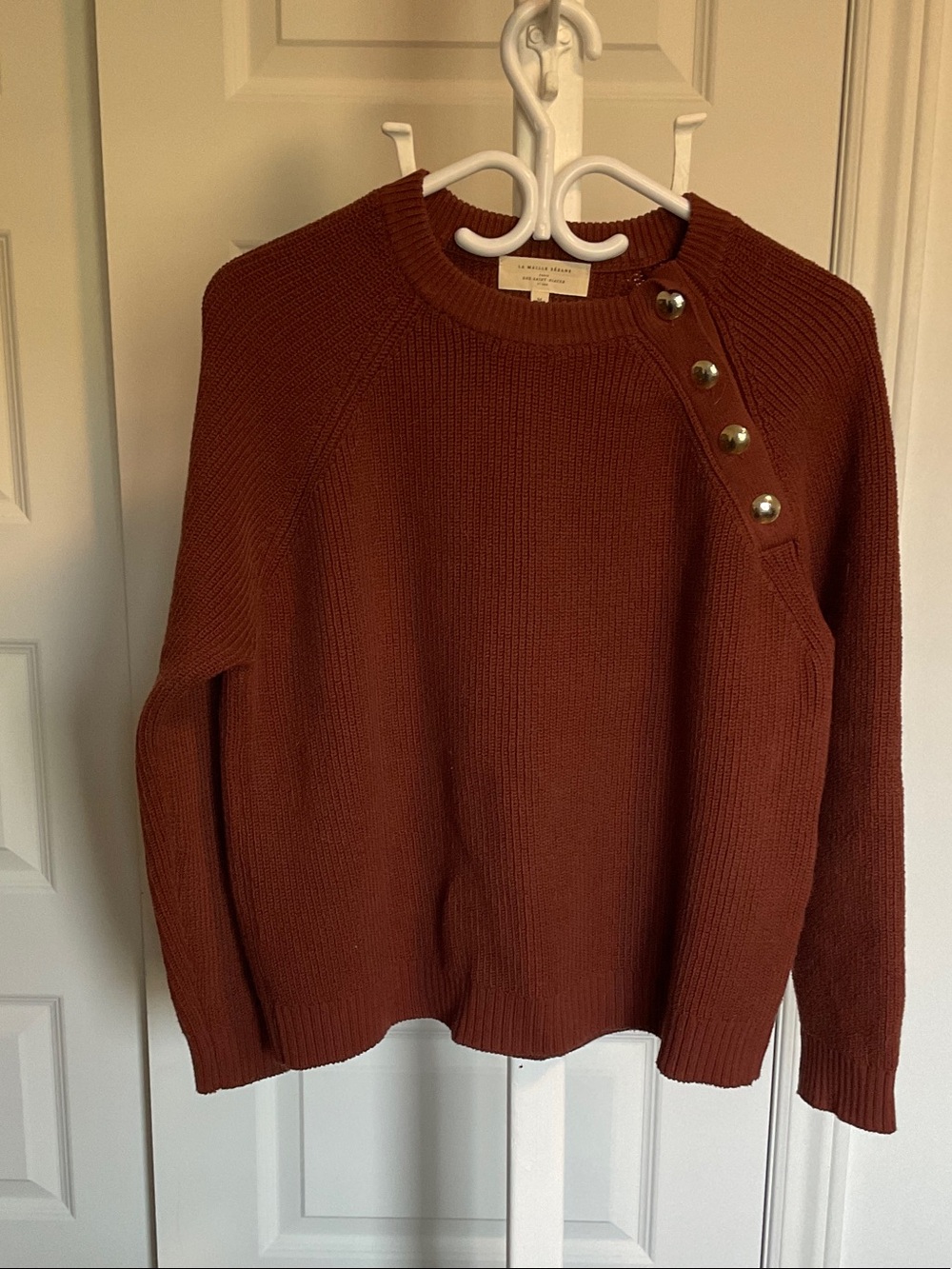 Sezane Gary Raglan Button Shoulder Brown Knit Sweater